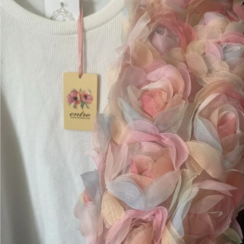 Entro White Textured Top Pink Floral Puff Sleeves Size L NWT - Picture 8 of 14